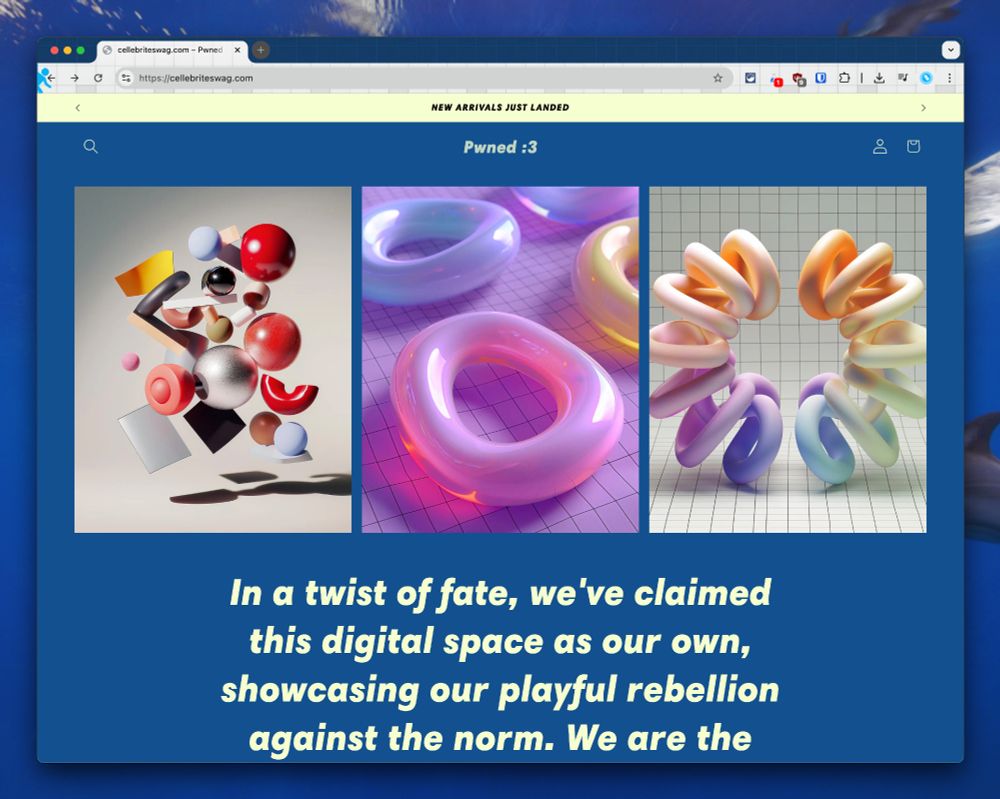 screenshot of cellebriteswag.com
with a pwned :3 on the top and some text about "In a twist of fate, we've claimed this digital space as our own"