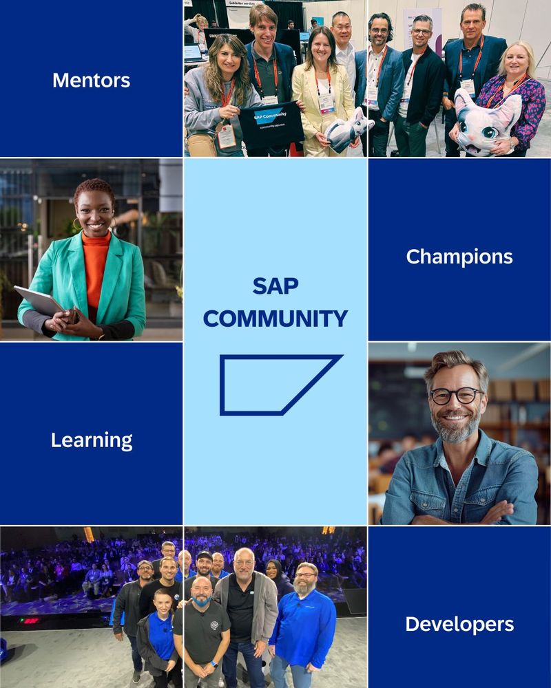 Puzzle grid with SAP Community + SAP logo with photos of SAP Mentors, champions, developer advocates and stock photos. grid text: Mentors, Champions, Learning, Developers.