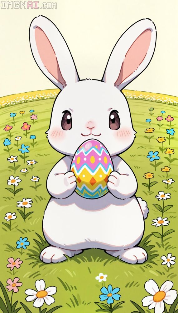 Ein weißes Häschen im Anime-Stil steht auf einer Blumenwiese und hält ein bunt bemaltes Ostereie in seinen Pfoten.