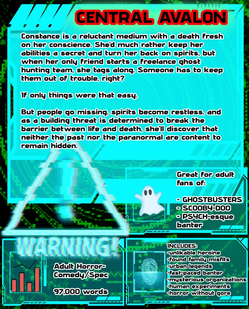 Digital screen saying, "Constance is a reluctant medium with a death fresh on her conscience. She'd much rather keep her abilities a secret and turn her back on spirits, but when her only friend starts a freelance ghost hunting team, she tags along.  Someone has to keep them out of trouble,  right? If only things were that easy.  But people go missing,  spirits become restless, and as a building threat is determined to break the barrier between life and death, she'll discover that neither the past nor the paranormal are content to remain hidden.  Great for adult fans of Ghostbusters,  Scooby-Doo, psych-esque banter includes: unlikable heroine, found family maps,  urban legends, fast- paced banter,  mysterious organizations,  human experiments,  horror without gore, adult horror-comedy/ spec 97,000 words"