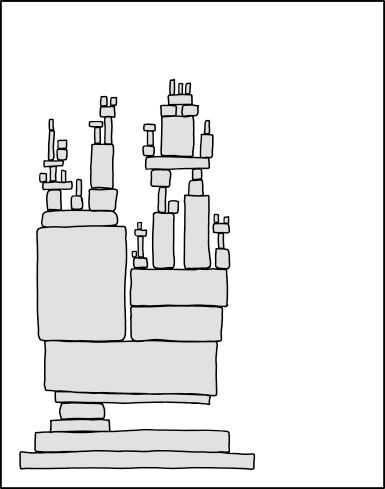 "XKCD 2347", but with text and some of the art removed. A large and complicated structure rests on a single rock on its left side. Nothing holds it up on the right side.