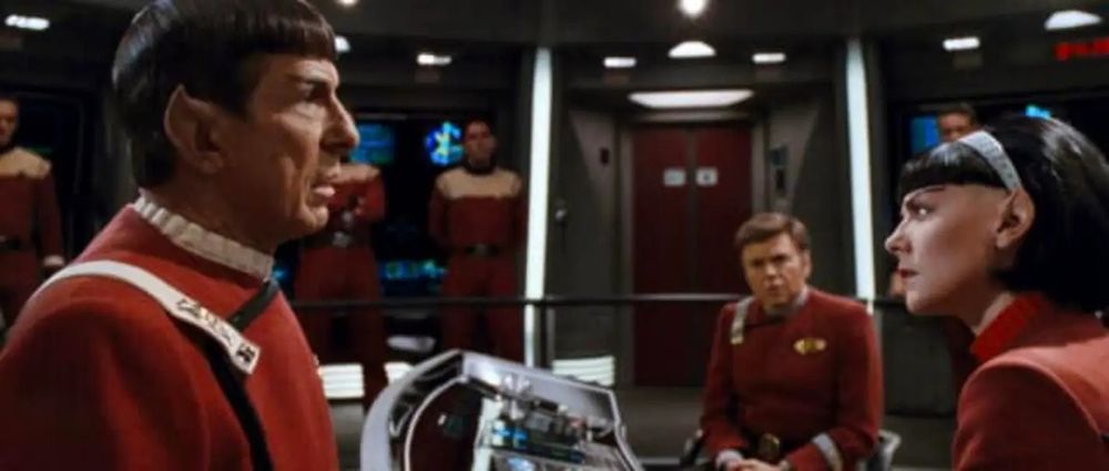 Spock, Valeris, and Chekhov on the bridge of the Enterprise in Star Trek VI
