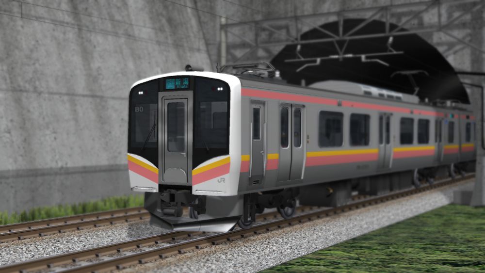 制作中のVRM自作車両「E129系」を鉄道模型シミュレーターNXに仮出力したスクリーンショット
 #鉄道模型シミュレーター #陽葉重工 