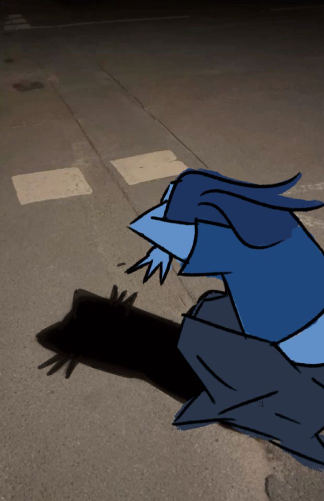 My self insert character doing the cat-ear pose trend, where they croutch down and pose in a way that casts a shadow on the ground that looks like a cat.