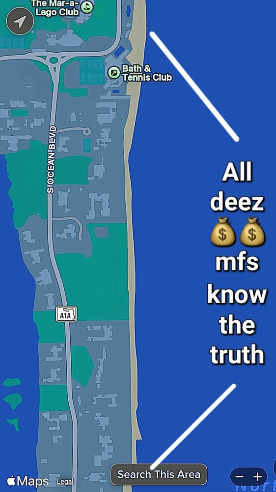 Overhead map of West Palm Beach rich estate homes outlined. Text: All deez rich MFs know the truth.