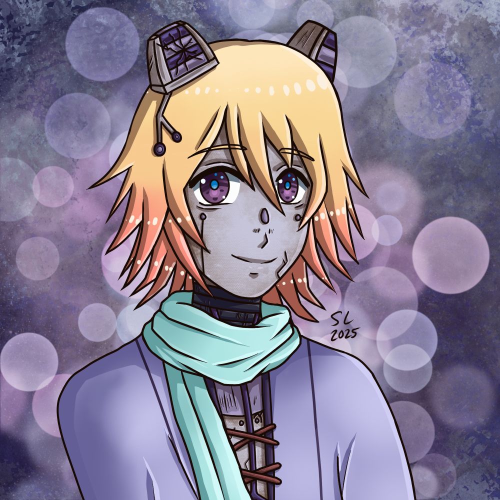 A drawing I made of my OC, Dandelion! Dandelion has metallic silver skin with some rust, light purple markings on his nose and cheeks, and purple eyes with blue pupils. He has cracks on his metal, notably on his lower left cheek and some on his chest, where there are a couple light purple bolts and dark purple lines. They wear a lavender shirt with two thin purple vertical pins and a dark purple v neck opening with a couple of burnt orange laces holding it together. He has on a teal scarf and has pale yellow that fades to an orange pink hair that reaches to the bottom of the neck. Upon his head are solar panels resembling animal ears and his neck has sheets of dark gray panels. He has a curious, calm, and friendly expression.