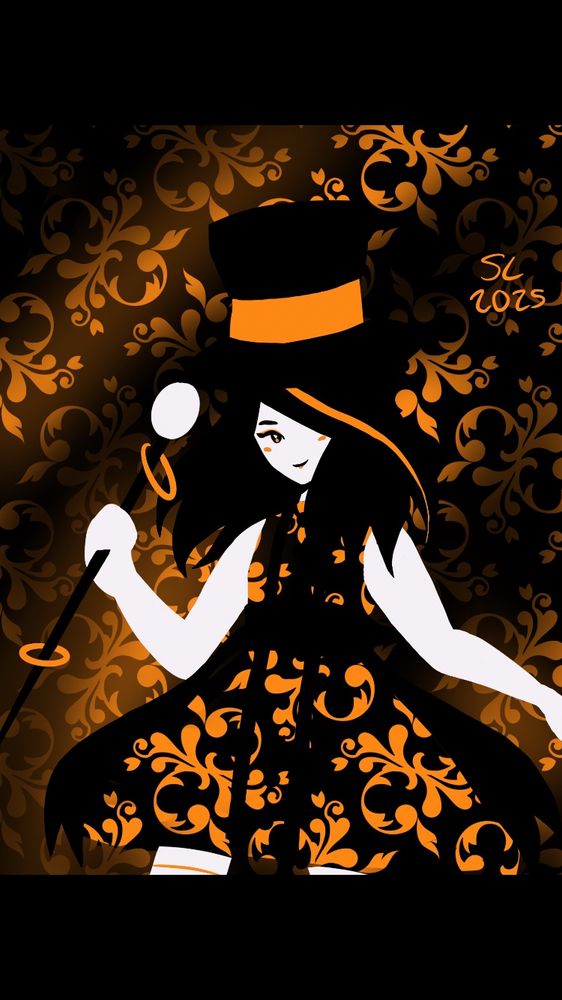 A three color digital drawing that is black, orange, and white! In the background is an ornate swirling natural looking pattern that is orange on a black background. A person in a black top hat with an orange band is looking at the viewer. One eye is covered in black hair with an orange streak. The arms are bare, one out in a way suggesting movement and the other holding  a staff with two orange rings and topped with a white sphere. They wear a short dress with the same pattern as the background with a black belt and flowing ribbons. The character looks like a magician or witch.