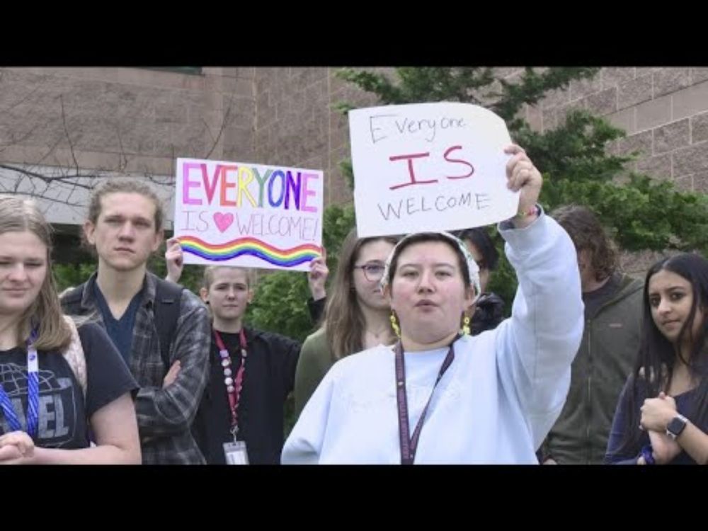 Students stand in solidarity with teacher told to remove "Everyone is Welcome Here" poster