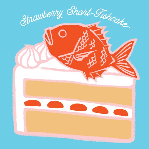 Design of a strawberry shortcake, but with a red snapper fish instead of strawberry on top. Cursive writing on top says, "Strawberry Short-Fishcake"