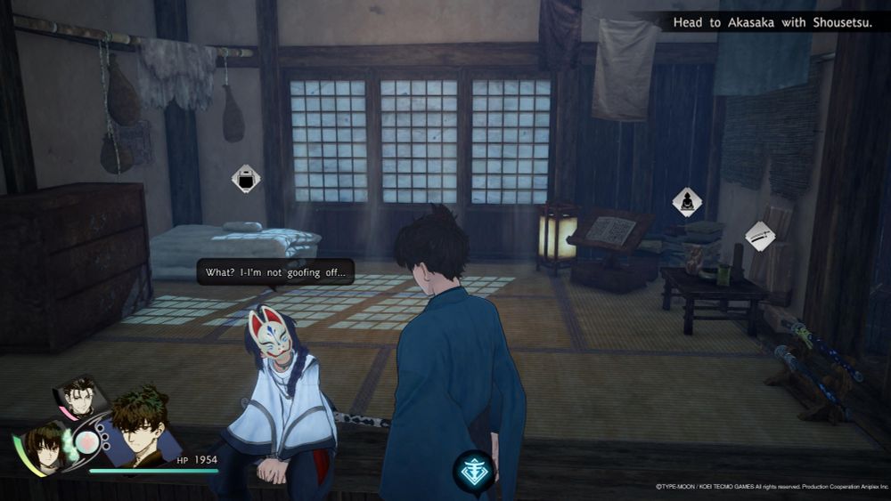 Screenshot of Fate/Samurai Remnant, Saber is wearing a fox mask, sitting in the floor of Iori's home and saying "What? I-I'm not goofing off..."