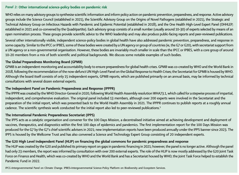 Panel 2 of the paper which describes how WHO engages experts, a well as the Global Preparedness Monitoring Board, the Independent Panel on Pandemic Preparedness and Response, the International Pandemic Preparedness Secretariat, and the G20 High Level Independent Panel on financing the global commons for pandemic preparedness and response.