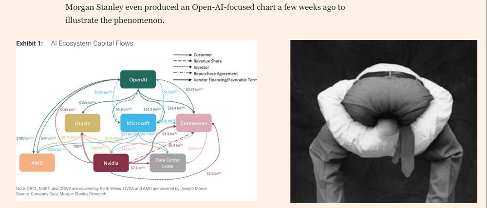 Morgan Stanley even produced an Open-AI-focused chart a few weeks ago to illustrate the phenomenon. 

[pic 1: AI companies all doing deals with each other]
[pic 2: businessman with head up own arse]