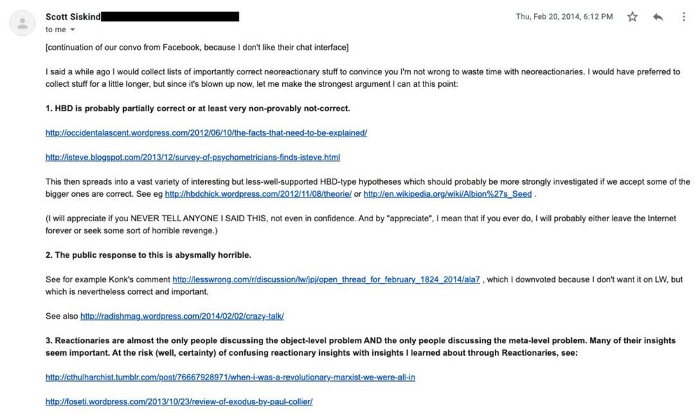 email from Scott Alexander to Topher Brennan admitting the goal of Slate Star Codex was to promote neoreaction and scientific racism, pt 1