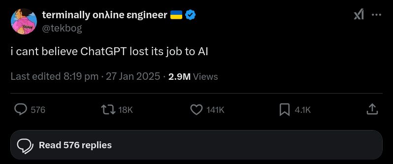 terminally onλine εngineer 🇺🇦
@tekbog

i cant believe ChatGPT lost its job to AI