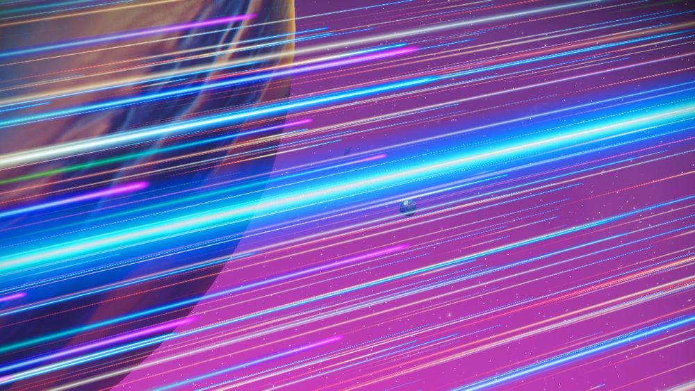 In-game image from the No Man's Sky game, taken while flying through space. The lines created by the pulse engine overlay a gas giant planet and one of its moons.