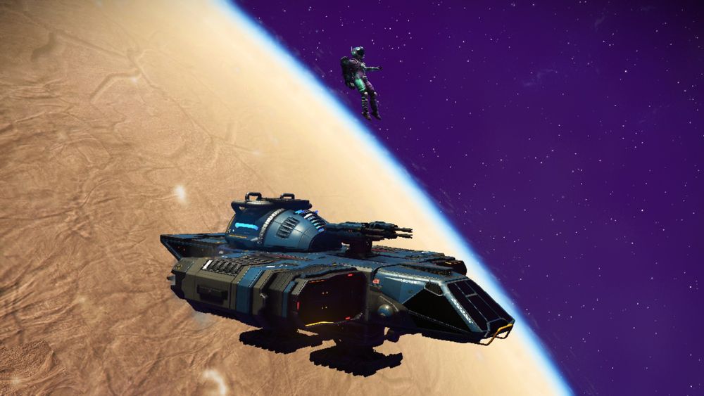 An astronaut floating above their ship in space above a planet