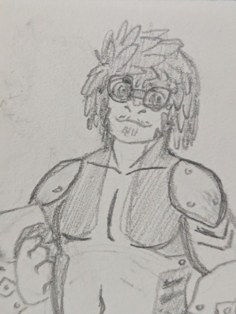 Teshy has a sleek pair of goggles on, with long scale hair that goes down near his shoulders.