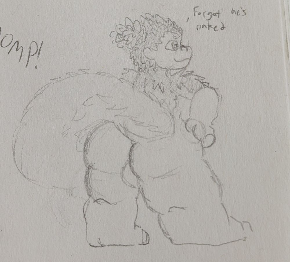 Teshy, a male anthro pangolin. He's facing away from the viewer, with shortstack proportions. A small caption points at him, reading, "forgot he's naked."