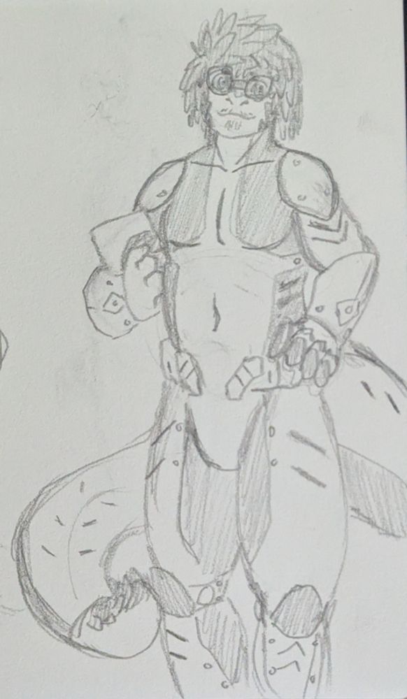 An eager looking Teshy in a science fiction body suit, holding a data pad under one arm. His body suit extends down most of his tail as well, and has a segmented belt. 