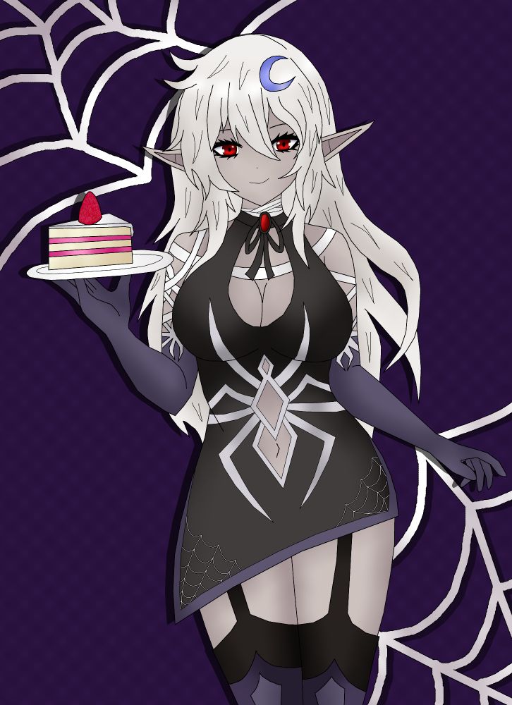 Flanny, a dark elf with white hair, red eyes, a blue moon hairpin, a black dress and purple gloves, black thigh highs and purple boots. shes holding a cake on her right hand :3