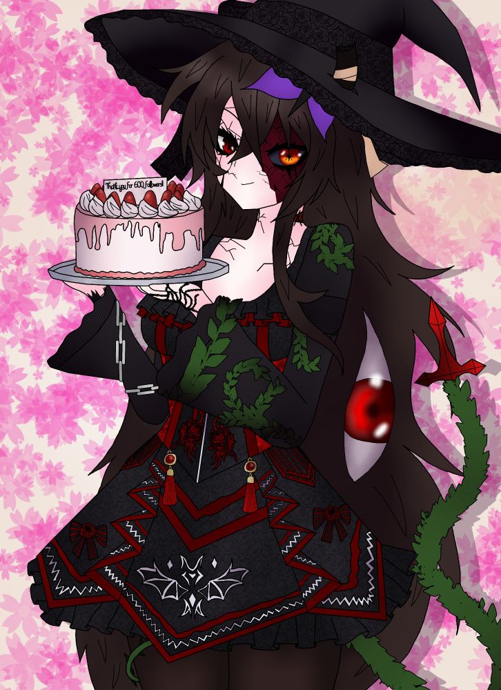 The Luciella cake incident - THE GOOD ENDING

Luci has a cracked skin, a demonic side that is redish brown, red eyes on her human side and orange on her demonic side, she has long dark brown hair, demonic eyes on said hair, she wears a black dress with white and red details, on her right arm she has chains and on her left arm she has vines growing from her body.

the cake is a strawberry cake with a small piece of edible paper written "thank you for 600 followers" in it
