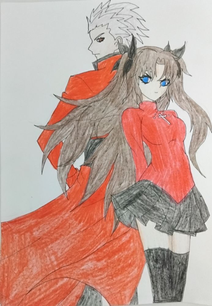 Rin and archer from fate stay night :3 rin has brown hair, a red shirt, a black skirt and thigh highs, archer is a mix of his UBW design and HSR design