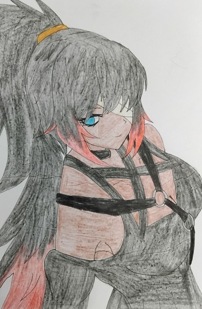 Caya, Dokkie's OC ヽ(〃´∀｀〃)ﾉ she has dark skin, blue eyes, one covered by bandages, she has black hair with red tips, tied up in a ponytail, she's wearing a black dress