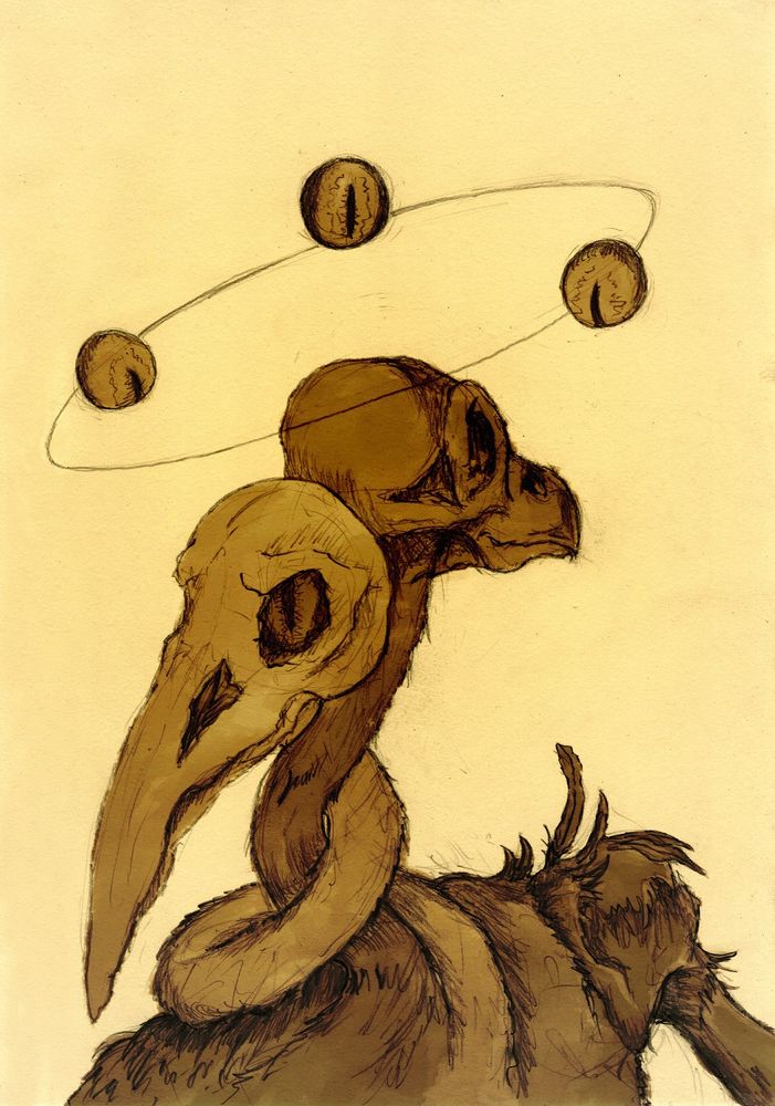 The Dyad, a creature my boyfriend met in dreams. It looks like two emaciated avians that coil around each other