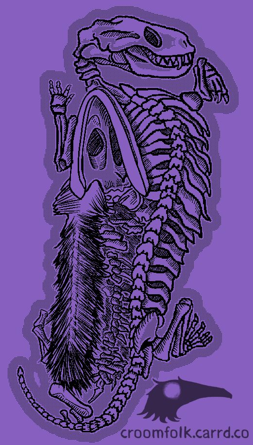 A rendition of the Triassic Cuddle, a fossil of a burrow with a Broomistega lizard and a Thrinaxodon cynodont found snuggling together. The bones are hatched with aliased half-tones on a purple background. it is signed Croomfolk