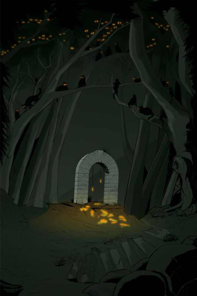 An archway of stone sits among mossy ruins in a forest. The stones are decorated with several sacrificed rats. Countless cats sit on the tree branches above.