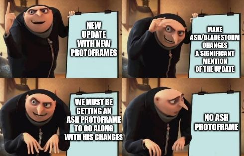 NEW UPDATE WITH NEW PROTOFRAMES 

MAKE ASH/BLADESTORM CHANGES A SIGNIFICANT MENTION OF THE UPDATE

WE MUST BE GETTING AN ASH PROTOFRAME TO GO ALONG WITH HIS CHANGES 

NO ASH PROTOFRAME