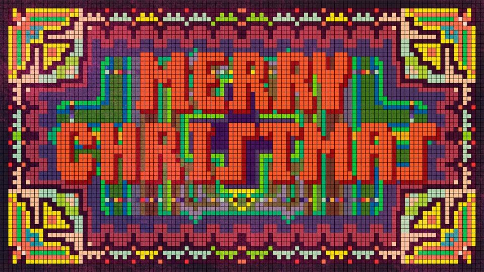 Merry Christmas on a patterned background in a similar cushion cover type cross stitch/mosaic art style to The Beach Boys Love You album cover. The outer border has vaguely Hawkwindesque psychedelic birds in the corner. Image was crated for the offical Beach Boys holiday party zoom backgrounds & the animated Little Saint Nick video back in 2020.