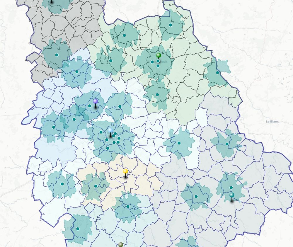Les isochrones 20mn du collège à vélo sont présents tant les villes que dans l’espace rural