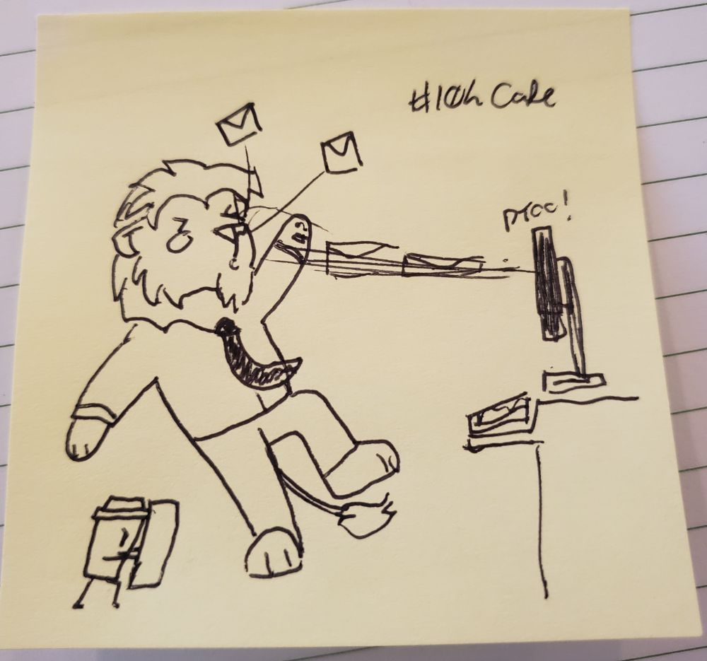 Stan is pelted with emails shot from the computer screen while coffee defends with a small shield