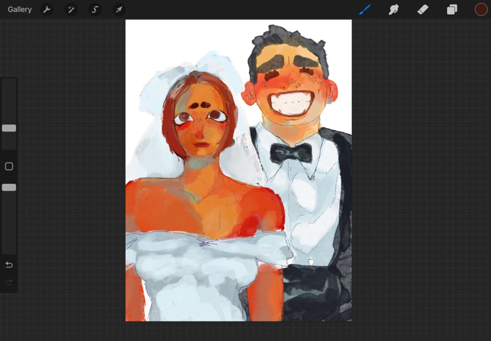 a procreate screenshot of a wedding portrait paniting. the bride has a close-lipped smile, and there is concern in her eyes. the groom is beaming behind her, he cannot see her hesitation.