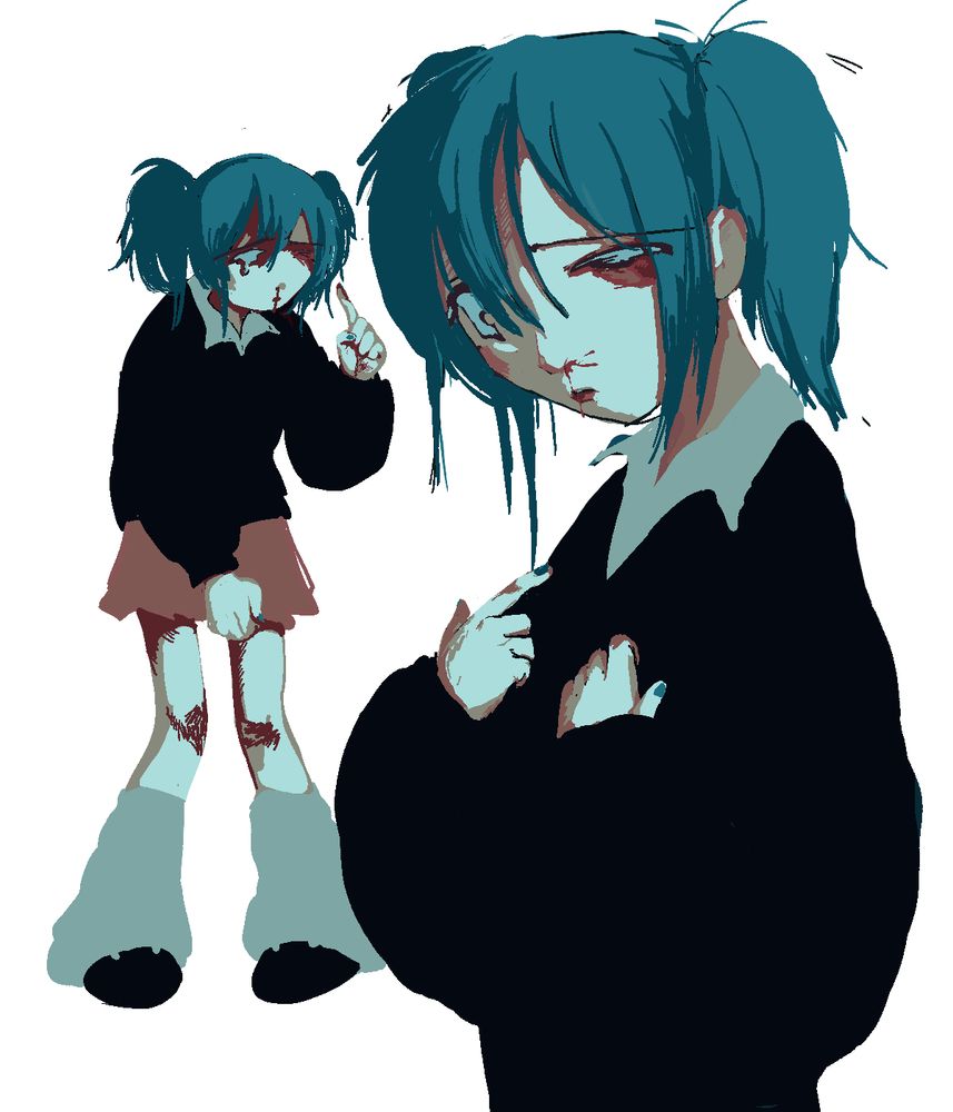two drawings of hatsune miku wearing a black sweater over a white buttonup. on the left, a full body drawing. she is slouched forward, knees pointed inward, pathetically lifting one index finger. on the right, drawn from the waist up. her hands meekly clutch her chest as she looks at the viewer, expressionless. both have chin-length messy pigtails, a bruised left eye, and a bloody nose