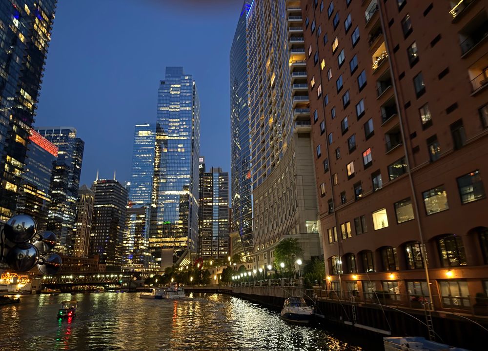 Early evening view of Chicago skyline from the river 