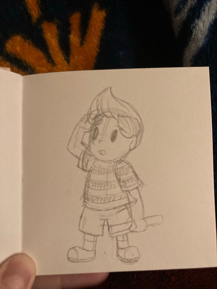 A quick doodle of Lucas from Mother 3 looking onwards, he is gripping a stick in his left hand