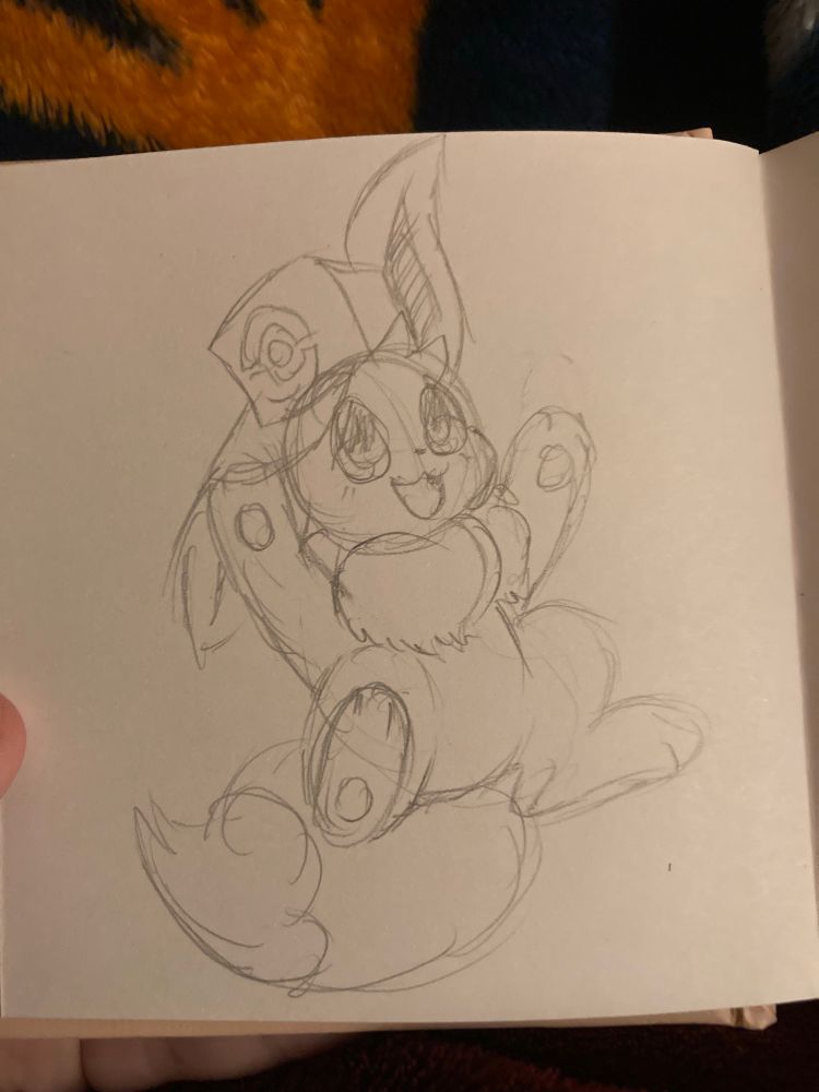 A female Eevee in a gen 5 hat looking very happy, raising her paws in the sky
