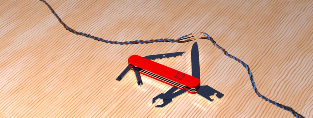 Swiss Army knife opened with various tools and labelled with the letters ACGT next to a cut in a double-stringed wire reminiscent of a DNA helix   
