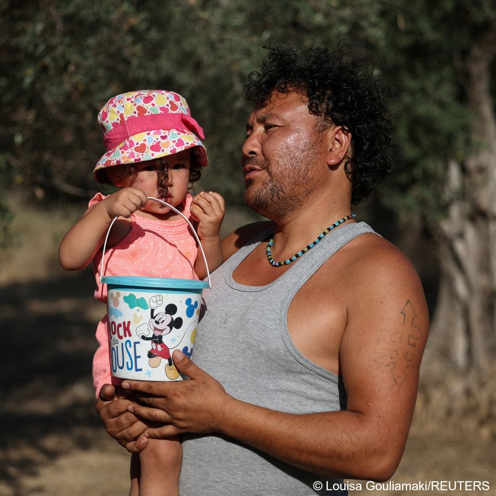 Sohrab Shirzad, now a recognized refugee, fled his homeland Afghanistan after being attacked by the Taliban. Here he is collecting eggs with his small daughter on the couple's small farm on the Greek island of Lesbos