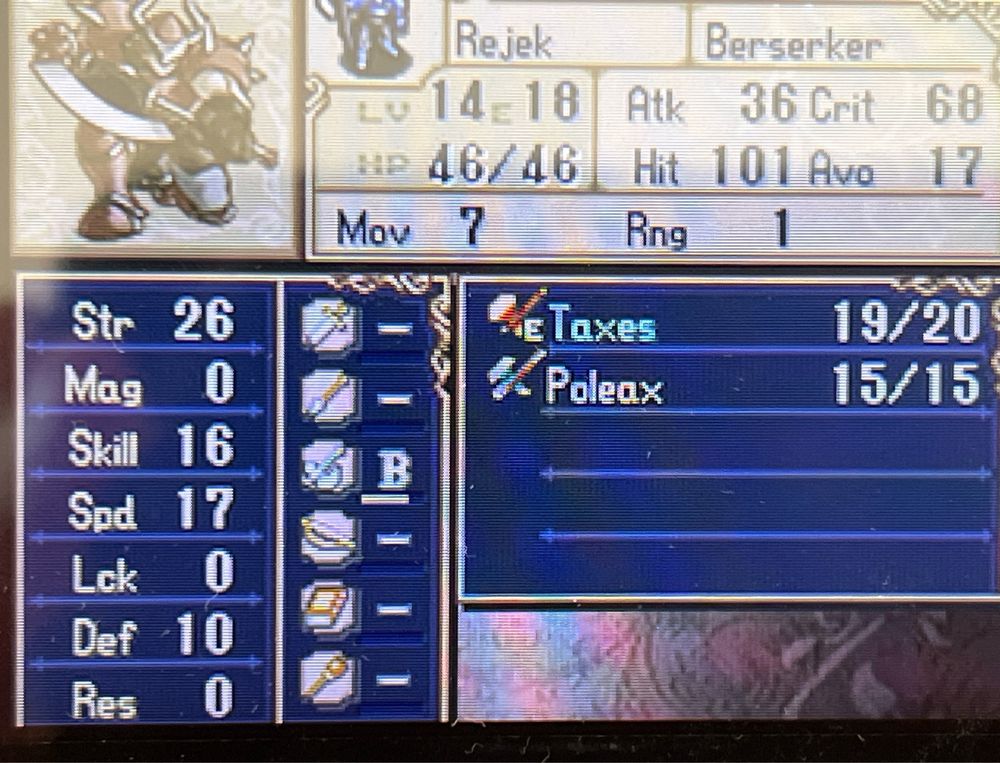 A photo taken of my physical copy of FE shadow Dragon, with me showing off one of my units; Rejek.