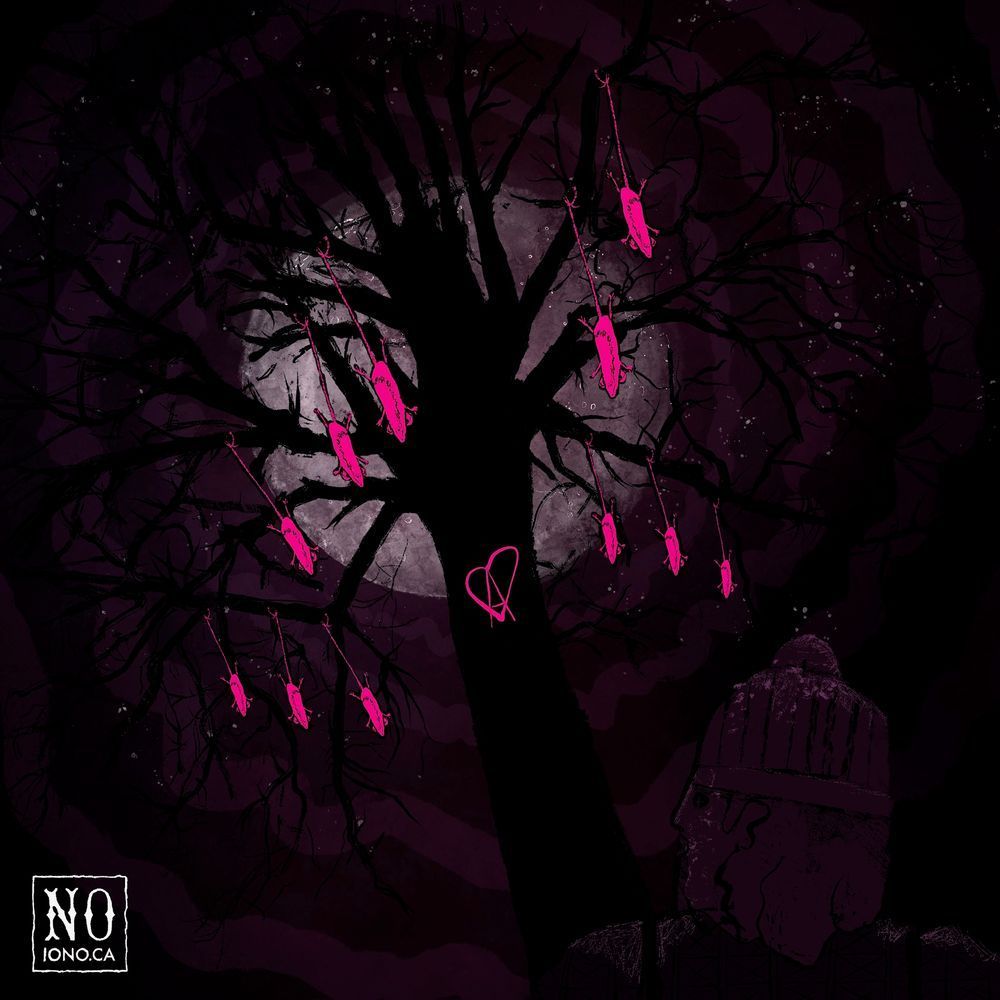 A surreal, nightmarish illustration of a leafless black tree silhouetted against a full moon. Dozens of neon pink rats hang from the branches by their tails. Carved into the trunk is a broken heart symbol in the same bright pink. A figure in a knit cap and coat gazes up at the tree from the lower right corner. The scene is bathed in deep purples and blacks, evoking a moody, eerie atmosphere. The artist’s mark “NO” and the website “IONO.CA” are present in the bottom left.