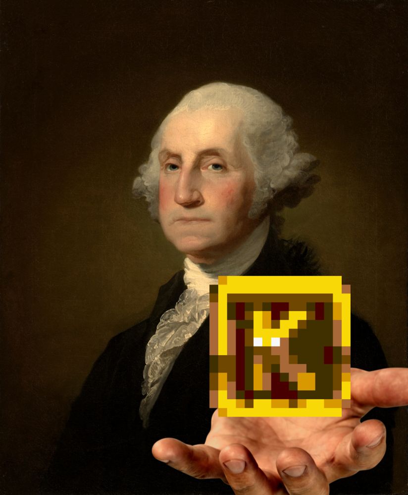 presidential portrait of george washington, edited to hold the lettter "K" from donkey kong country
