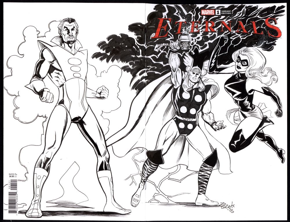 sketch of Graviton, Thor and Ms. Marvel drawn on an Eternals sketch cover blank in black and white ink.