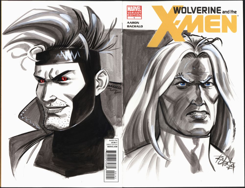 sketch cover painted in monochrome acrylic depicting X-Men's Gambit and another character