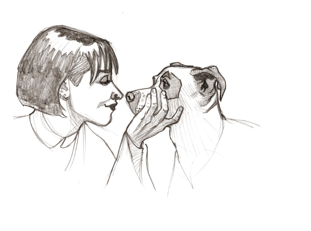 sketch of a young lady with a bob haircut about to rub noses with a doggie