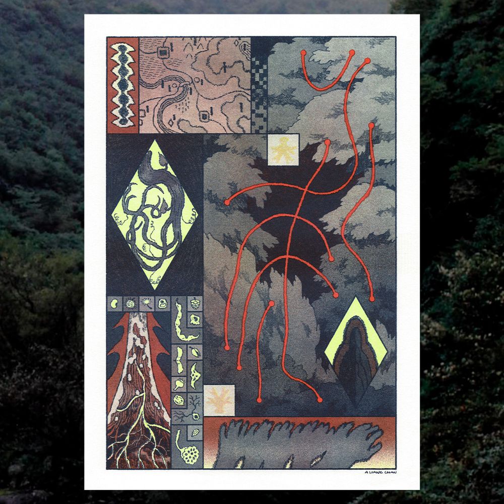 a riso print in moody dark blue-green, red, and yellow: in a large panel, lush trees & bushes give way to darkness, snaking red lines inscribed on the scene. smaller panels show fasciated plants & eyes, stretching hands, a cross section of flesh, a collection of seedpods & cells.