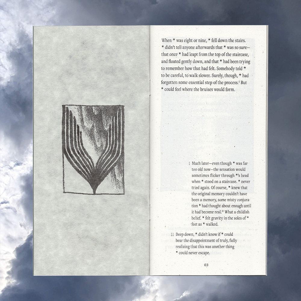 A spread: a pencil drawing of plummeting wings in a small panel on mottled parchment paper, and segments of text & footnotes.