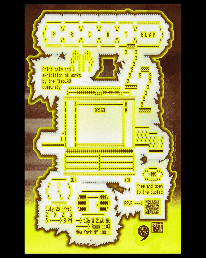 a poster for print slam 22 @ the risolab, in brown, bright lime, and cool gray, featuring ASCII text art of a risograph printer, a pair of hands, eyes, a clock, and a door